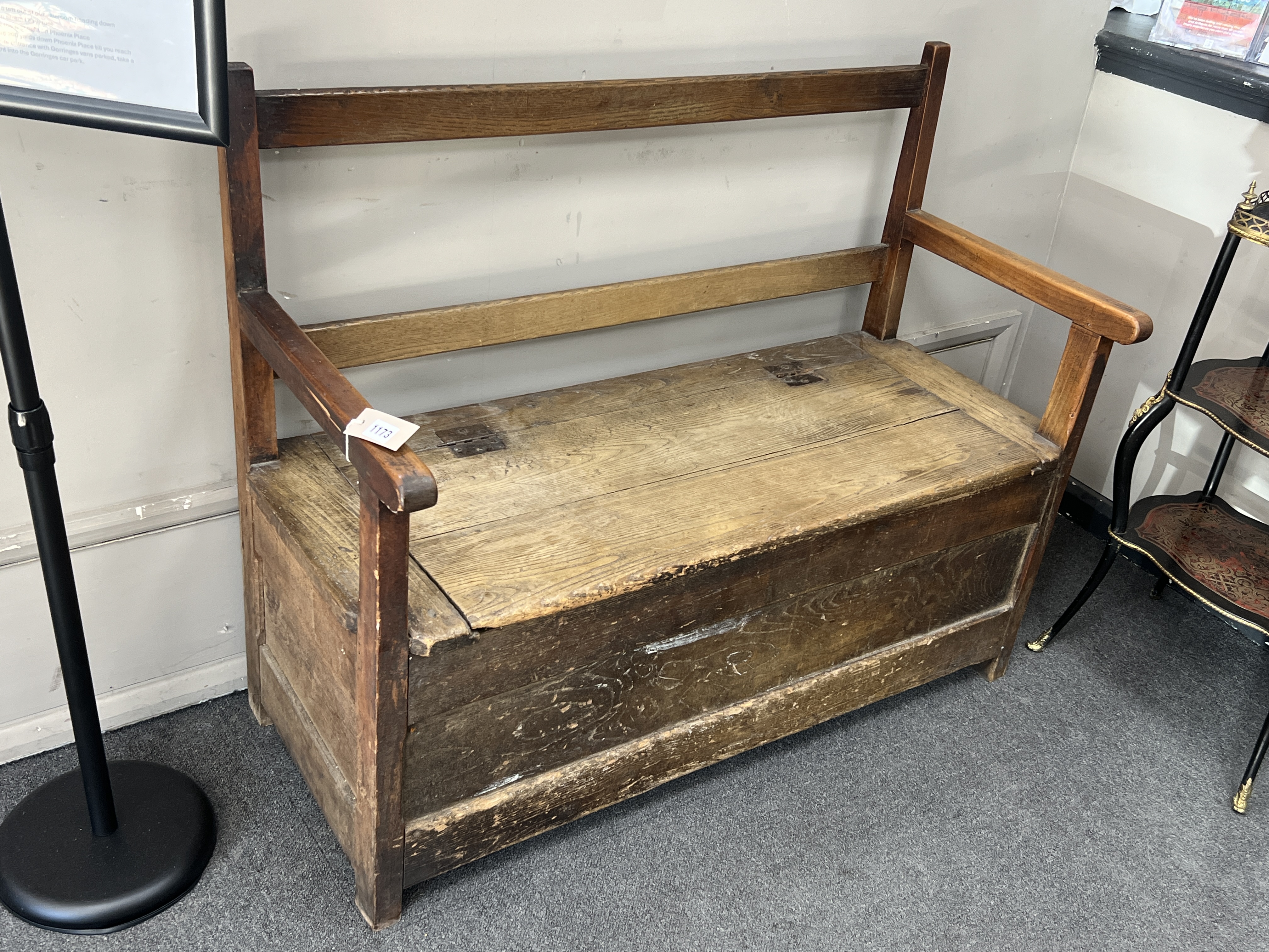 A 19th century elm and fruitwood box seat settle, width 108cm, depth 46cm, height 87cm